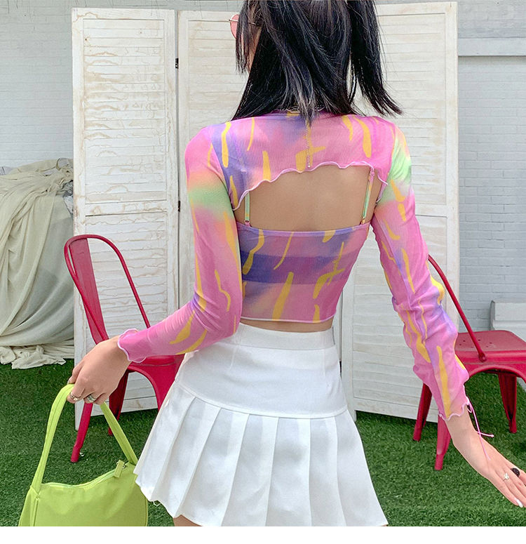 Hollow Bandage T-Shirt Women Sweet Suits Color Pattern Mesh Camisole + Long Sleeve Smock Female
