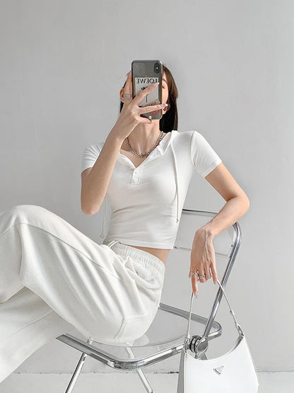 Fashion Hooded T-shirts Women Summer Tight Short Sleeve Y2k Tees Gray Crop Tops Female