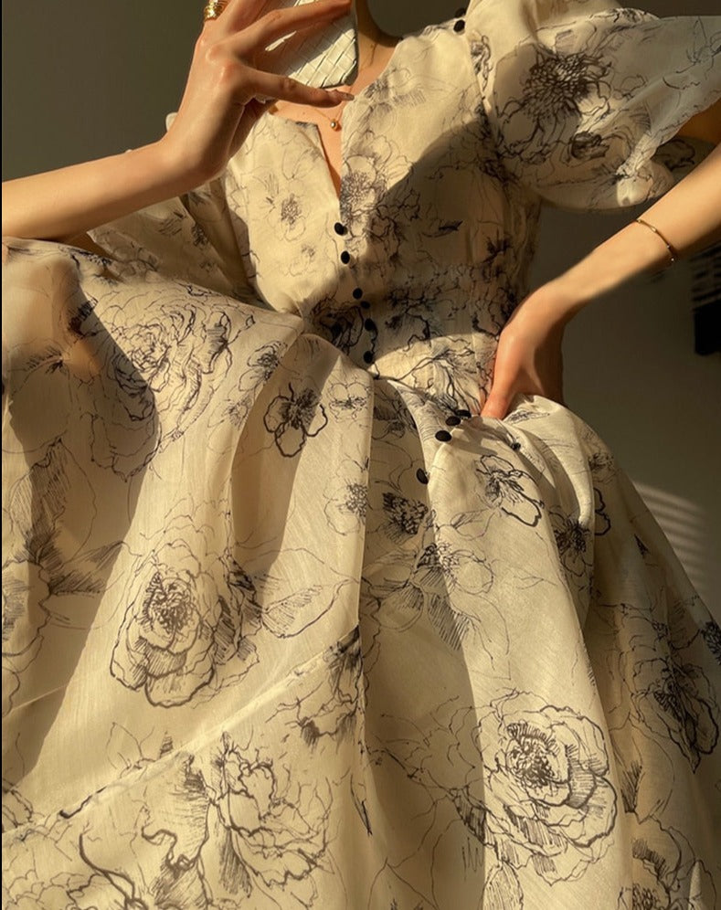 Vintage O-neck Single-breasted Summer Puff Sleeve Slim Women A-line Dress vestidos femme