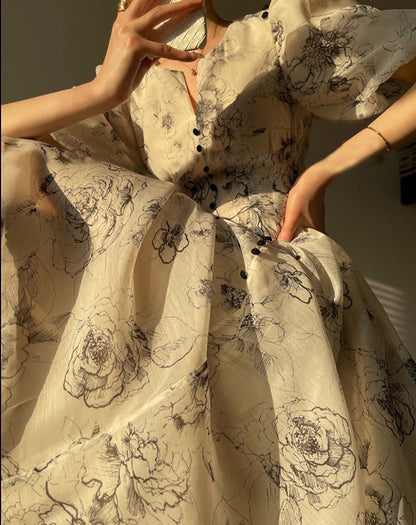 Vintage O-neck Single-breasted Summer Puff Sleeve Slim Women A-line Dress vestidos femme