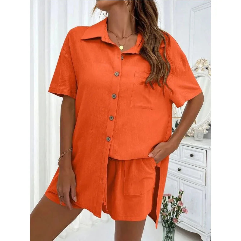 Solid Color Casual Loose Short Pants Sets For Women