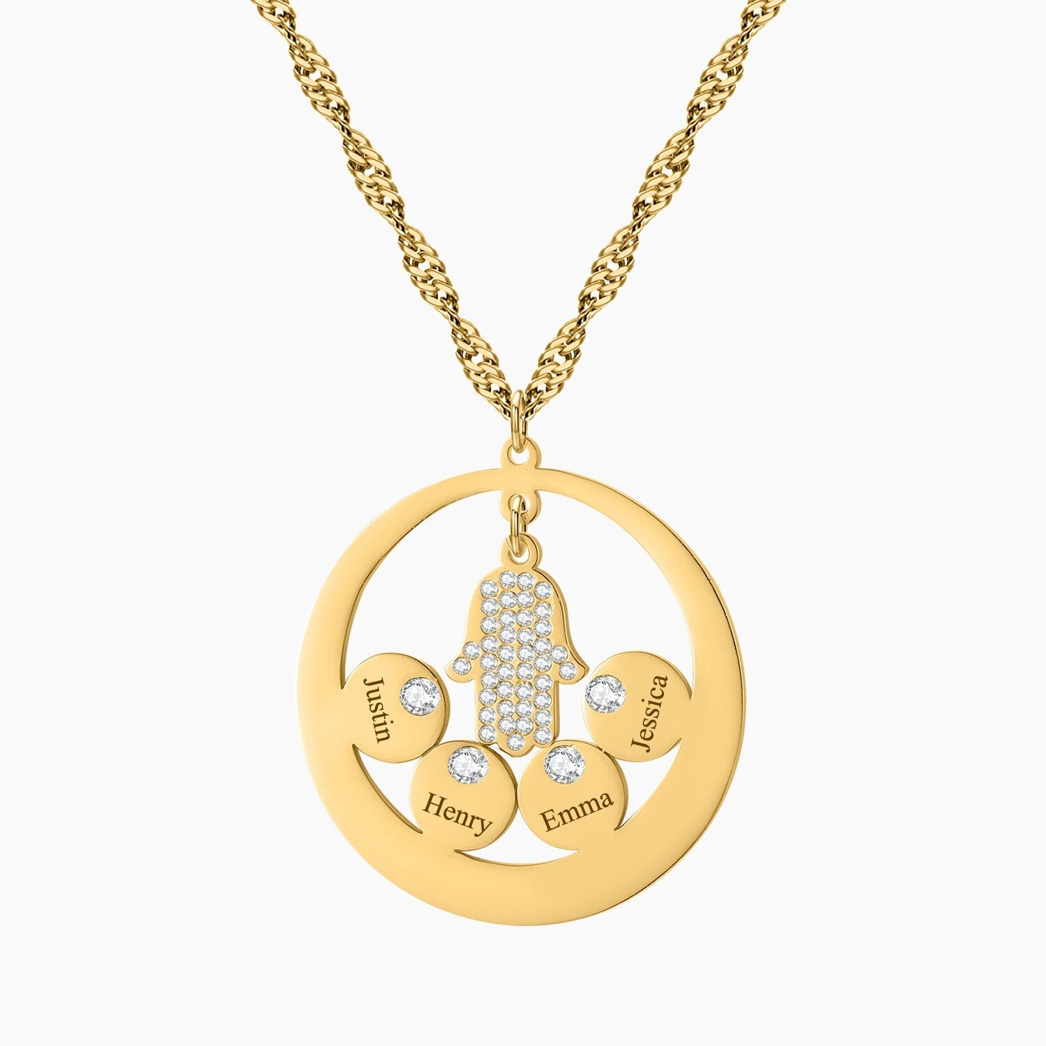 Round Family Name Necklace Hamsa Hand Stainless Steel Necklace Zircon Evil Eye Fatma&