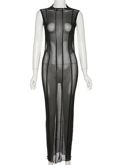Mesh O Neck Long Sleeves Backless Lace Up See Through Sexy Bodycon Maxi Dress