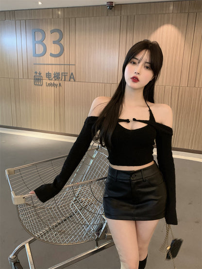 Off Shoulder Tops Women Skinny Slash Neck Halterneck Knitted Shirts y2k Summer 2022