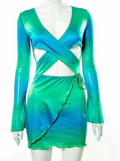 Sexy Tie Dye Bodycon Mini Dress Women Hollow Out Long Sleeve Mesh Skinny Summer 2022