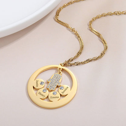 Round Family Name Necklace Hamsa Hand Stainless Steel Necklace Zircon Evil Eye Fatma&