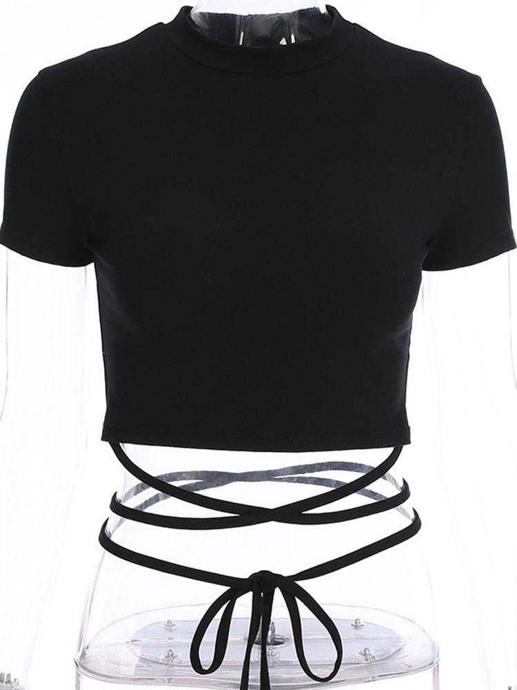 Summer Women Black Short T-Shirts Sexy Crop Tops Short Sleeve Bandage Tee Tops Female Shirts