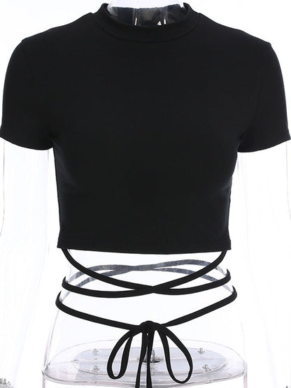Summer Women Black Short T-Shirts Sexy Crop Tops Short Sleeve Bandage Tee Tops Female Shirts