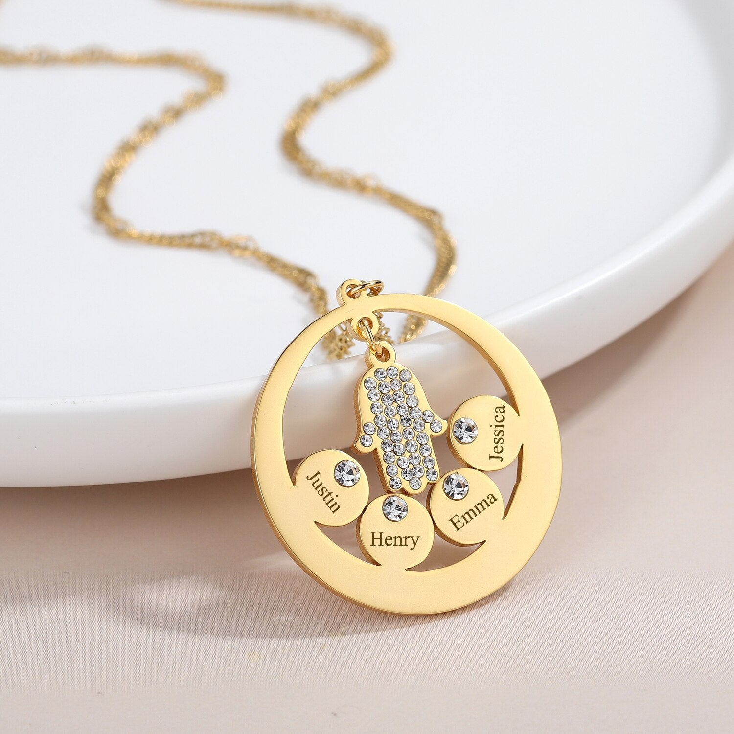 Round Family Name Necklace Hamsa Hand Stainless Steel Necklace Zircon Evil Eye Fatma&