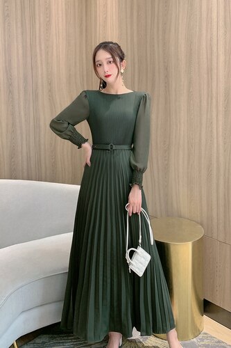 O-neck Long Sleeve A-line Dress Office Lady  Pleated Maxi Dress