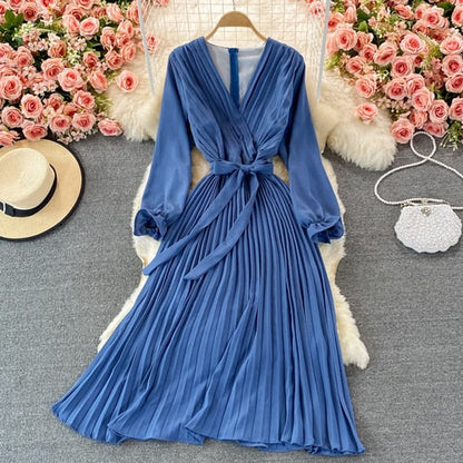 Slim Dress Elegant A Line V Neck Puff Sleeve Chiffon Pullover Mid-Calf Dresses