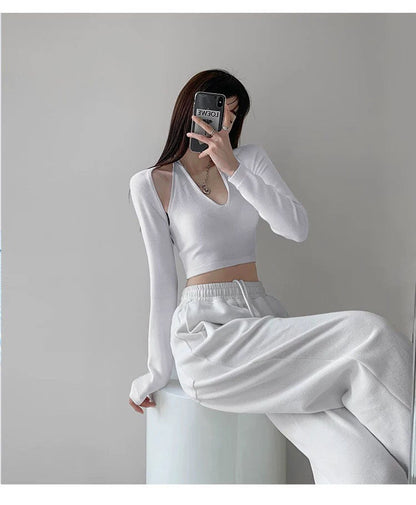 Y2K T-shirt Two Piece Women Long Sleeve Smock+Knitted Halterneck Camis Skinny Cropped Tops Woman