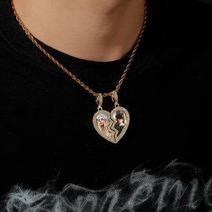 Broken Heart Photo Magnetic Frame Pendant 2 Pictures Hiphop Jewelry