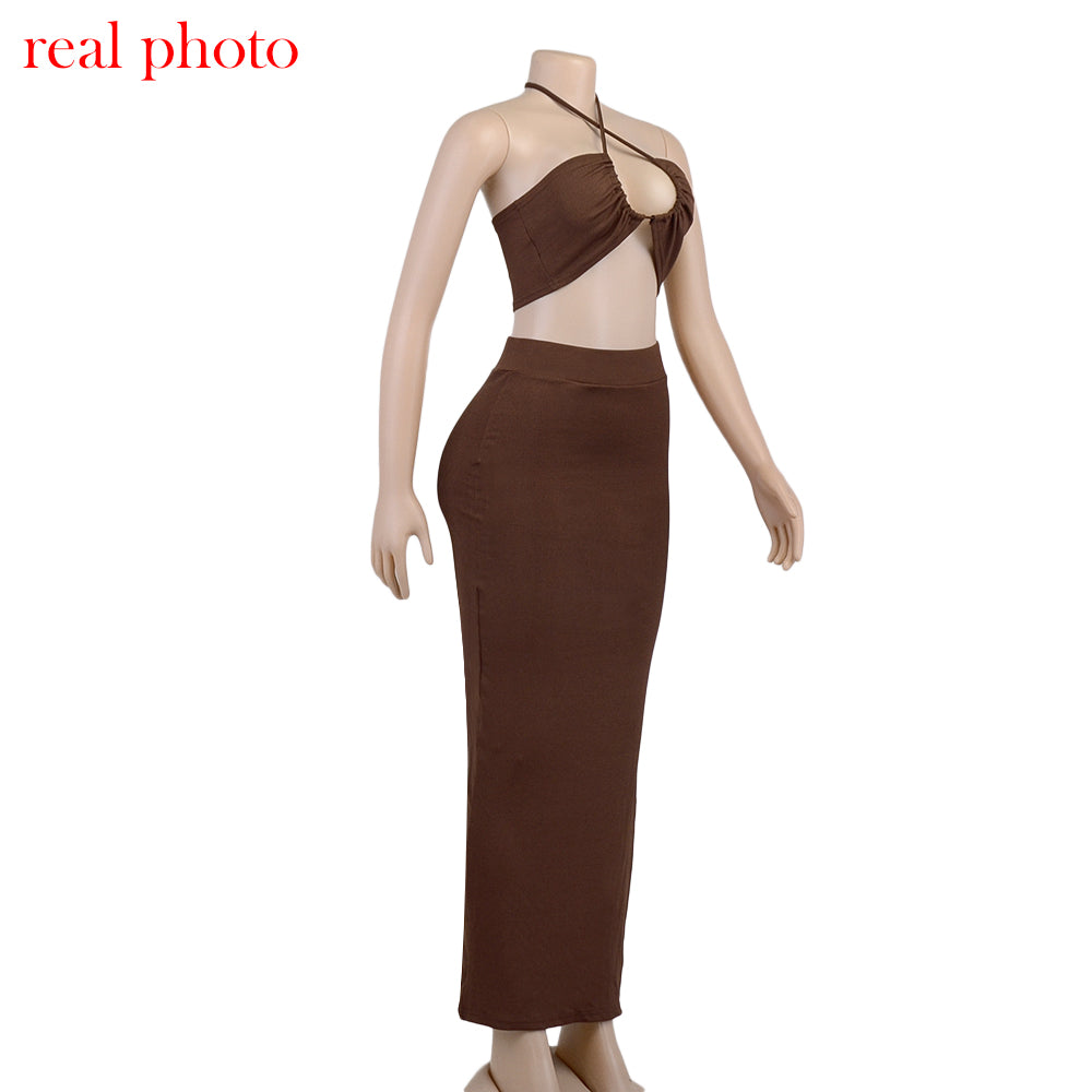 Cryptographic Bandage Cut Out Sexy Halter Neck Top and Skirts Set Gathered Elegant