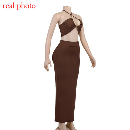 Cryptographic Bandage Cut Out Sexy Halter Neck Top and Skirts Set Gathered Elegant
