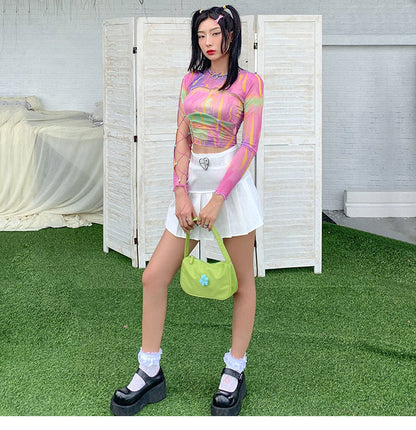 Hollow Bandage T-Shirt Women Sweet Suits Color Pattern Mesh Camisole + Long Sleeve Smock Female