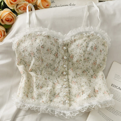 French Print Lace Cami Crop Tank Top Camisole Women&