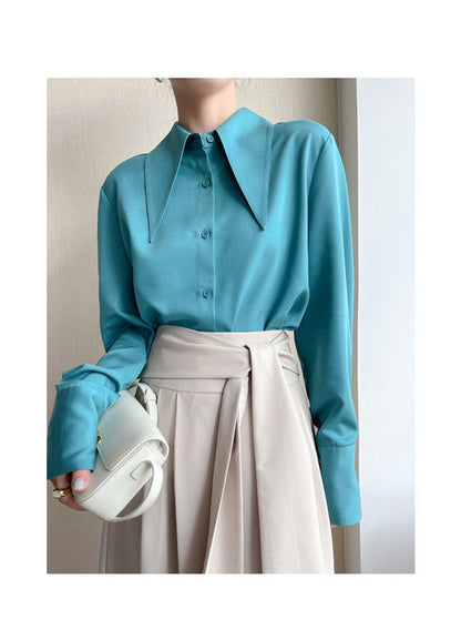 Big Pointed Collar White Blouses For Women Vintage Loose Long Sleeve Shirt