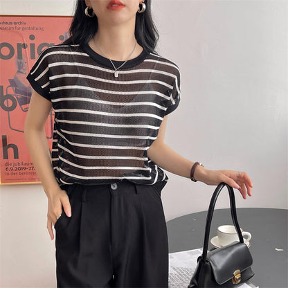 Hollow T-shirt Chain Women Summer New Solid Color Short Sleeve Knitted Tops Female 2022