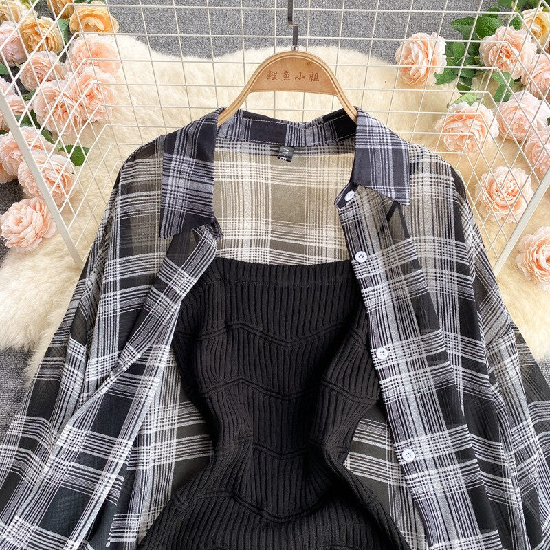 Summer Women Two Piece Set Plaid Long Sleeve Sunscreen Shirt+A-line Knitting Slip Dress