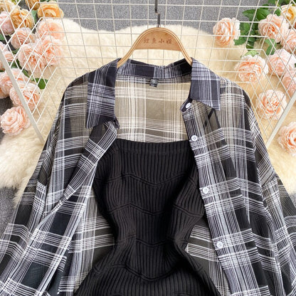 Summer Women Two Piece Set Plaid Long Sleeve Sunscreen Shirt+A-line Knitting Slip Dress