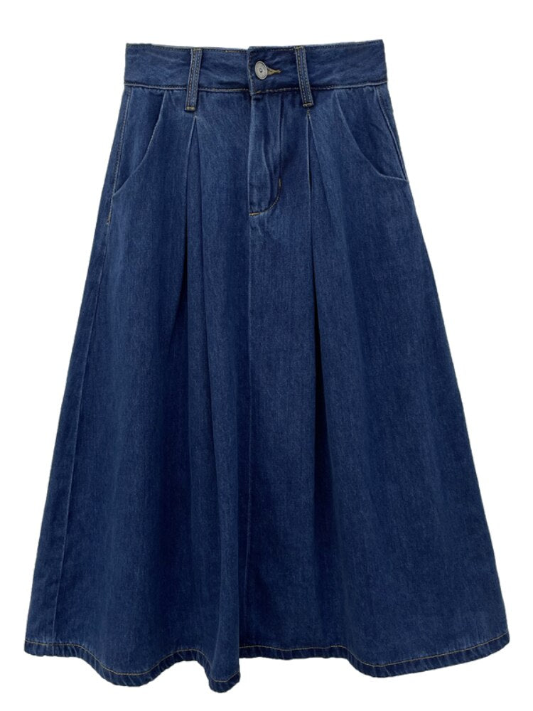 Denim Skirts Women Casual High Waist Lady Loose Vintage Dark Blue Skirts