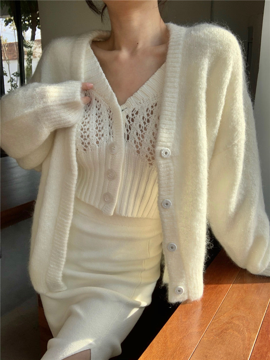 Women Hollow Sweater Cardigan Outerwear V Neck Button Knitted Tops Jackets