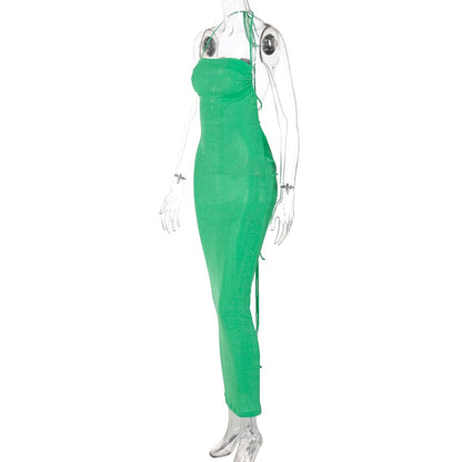 Collar Backless Sleeveless Drawstrings Hollow Out Slit Sexy Maxi Prom Dress