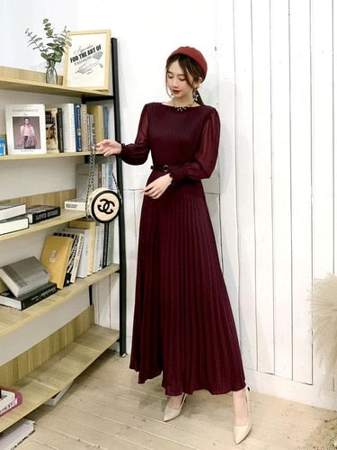 O-neck Long Sleeve A-line Dress Office Lady  Pleated Maxi Dress