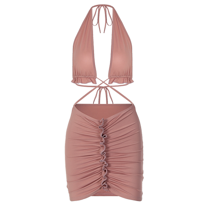 Ruffled Solid Halter Hollow Out Sleeveless Crop Top Pleated Skirts 2 Pieces Set