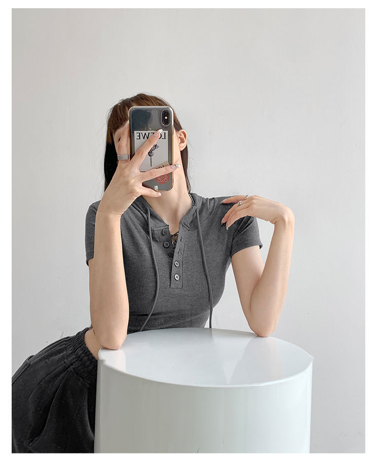 Fashion Hooded T-shirts Women Summer Tight Short Sleeve Y2k Tees Gray Crop Tops Female