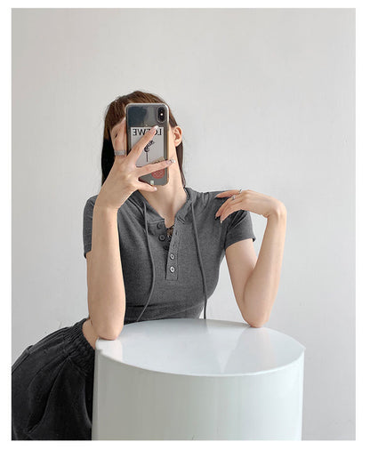 Fashion Hooded T-shirts Women Summer Tight Short Sleeve Y2k Tees Gray Crop Tops Female