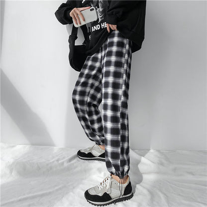 Plaid Pants Women High Waist Drawstring Loose Straight Baggy Pants 2022 Spring and Summer