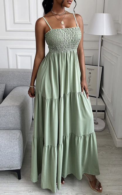 Spaghetti Strap Maxi Dress Women Summer Sleeveless Smocked Boho Long Beach Dress Sundresses