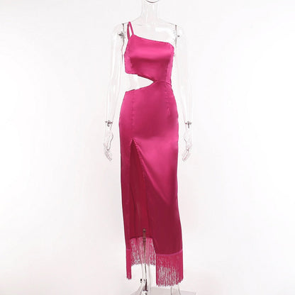 Elegant Women Diagonal Tassels Long Slip Party Dresses Sexy Off Shoulder Hollow Out Dress
