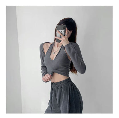 Y2K T-shirt Two Piece Women Long Sleeve Smock+Knitted Halterneck Camis Skinny Cropped Tops Woman