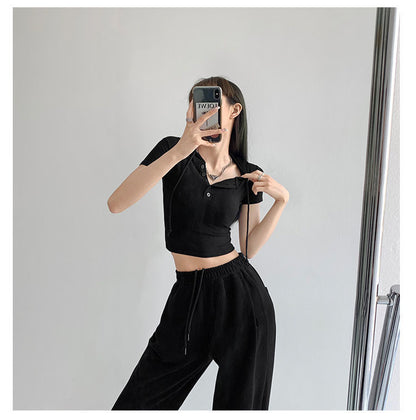 Fashion Hooded T-shirts Women Summer Tight Short Sleeve Y2k Tees Gray Crop Tops Female