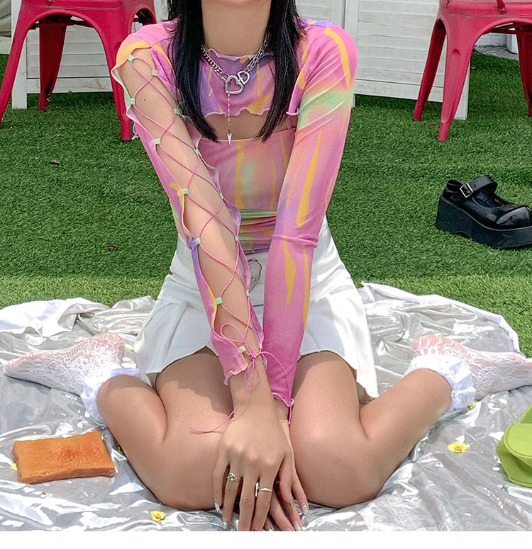 Hollow Bandage T-Shirt Women Sweet Suits Color Pattern Mesh Camisole + Long Sleeve Smock Female
