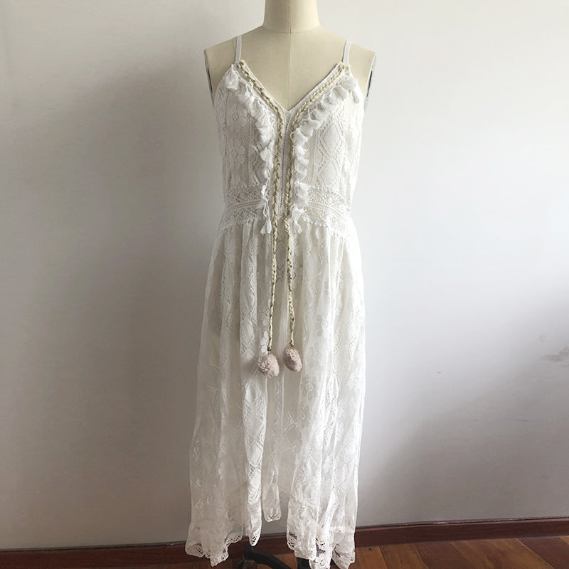 Women Dress Beach Style Elegant White Lace Spaghetti Srap Sundress Female Hollow Out Boho