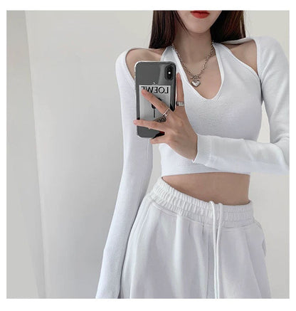 Y2K T-shirt Two Piece Women Long Sleeve Smock+Knitted Halterneck Camis Skinny Cropped Tops Woman