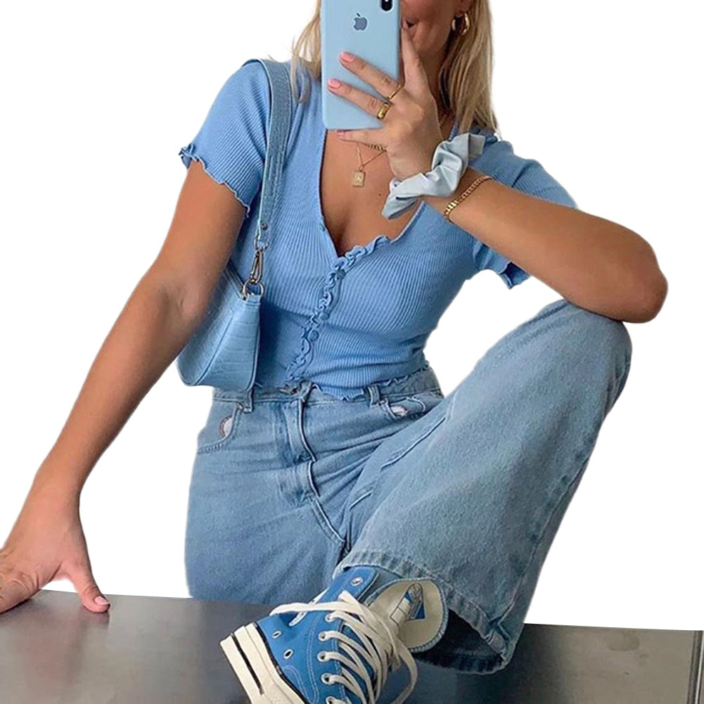 Women clothes Ladies Button Square Neck Tops Short Sleeve square collar pullover T-shirts