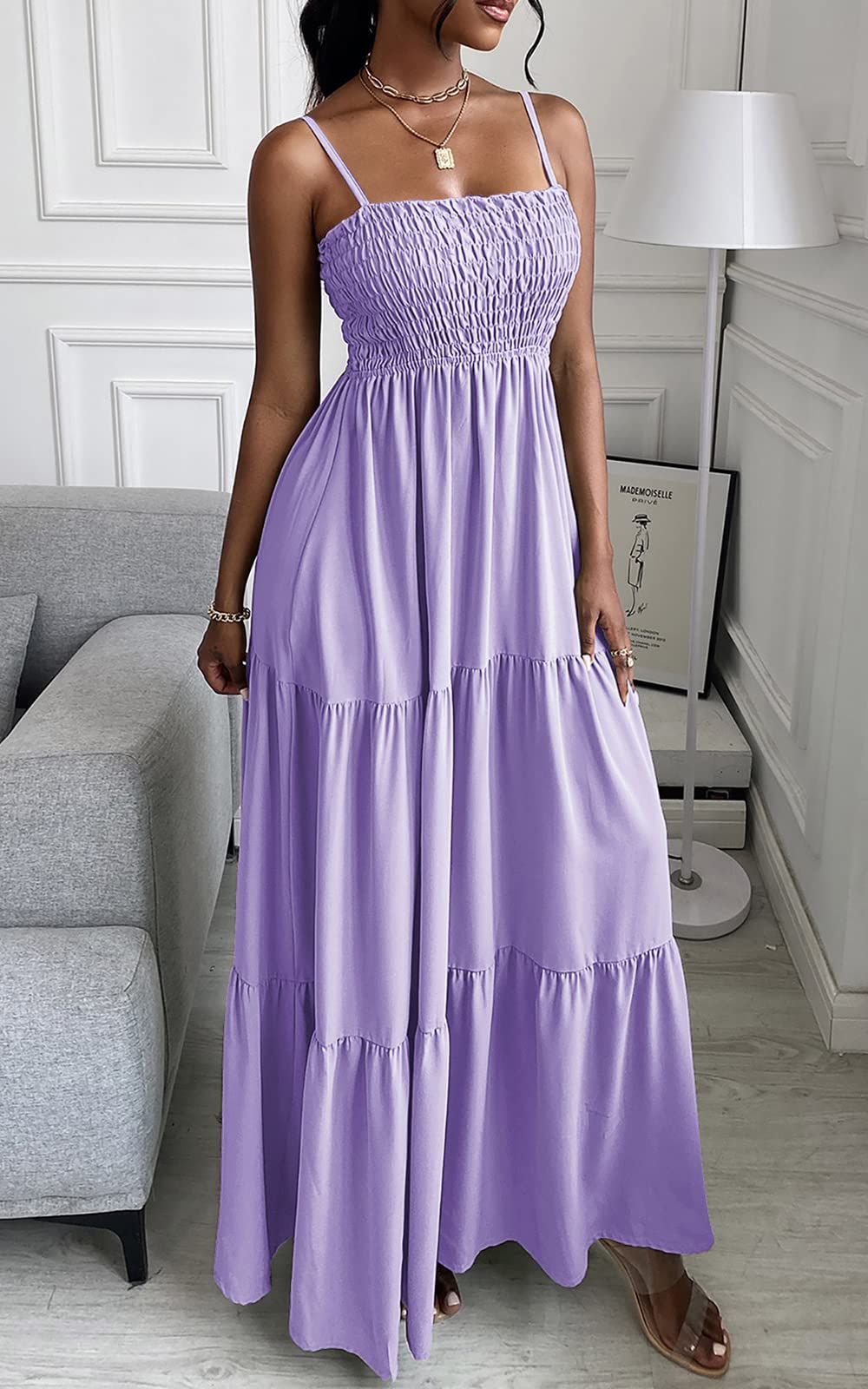Spaghetti Strap Maxi Dress Women Summer Sleeveless Smocked Boho Long Beach Dress Sundresses
