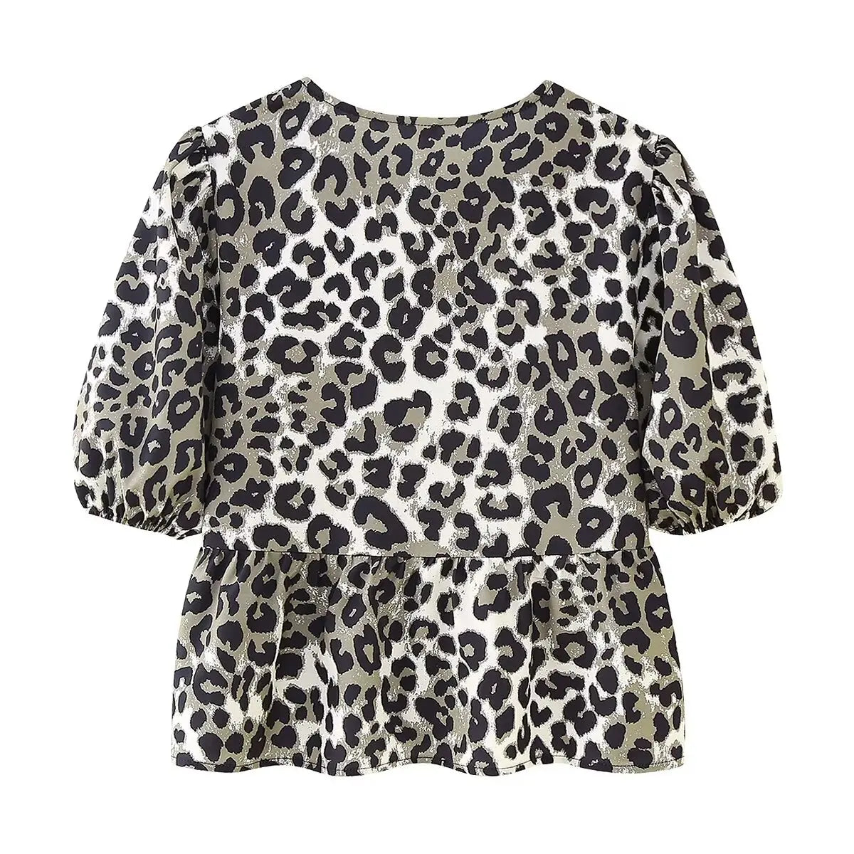 Leopard Blouse Puff Sleeve Crop Top Women&