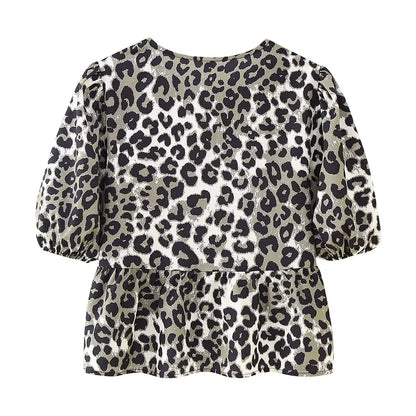 Leopard Blouse Puff Sleeve Crop Top Women&
