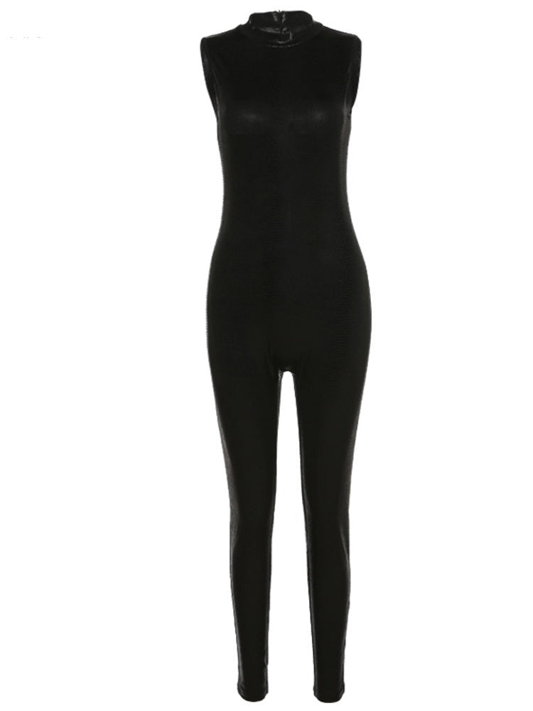 PU Leather Sleeveless Turtleneck Zipper Women Jumpsuit 2022 Casual Street Style Sports Fitness