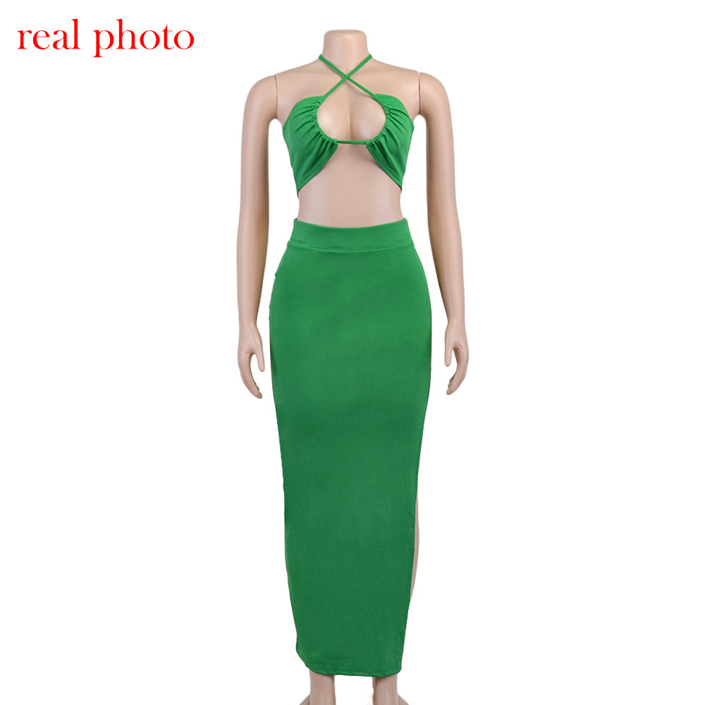 Cryptographic Bandage Cut Out Sexy Halter Neck Top and Skirts Set Gathered Elegant
