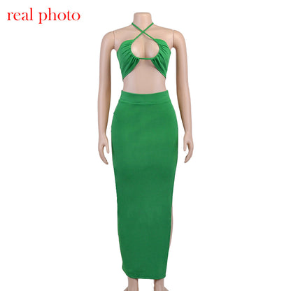 Cryptographic Bandage Cut Out Sexy Halter Neck Top and Skirts Set Gathered Elegant