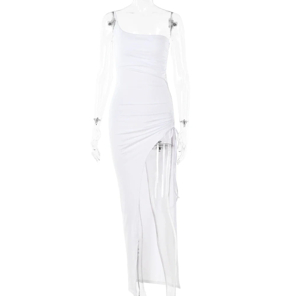 Drawstring High Slit Shoulder Slim Elastic Maxi Bodycon Dress