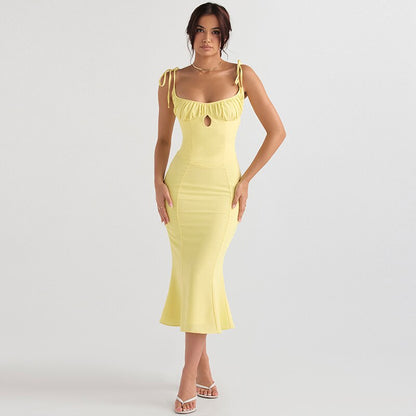 Folds Sleeveless Slips Bandage Solid Maxi Prom Dress Sexy Bodycon Summer