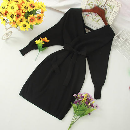 Autumn Women Sexy Elegant Knitted Dress Backless V Neck Sash Tie Up High Waist Dresses